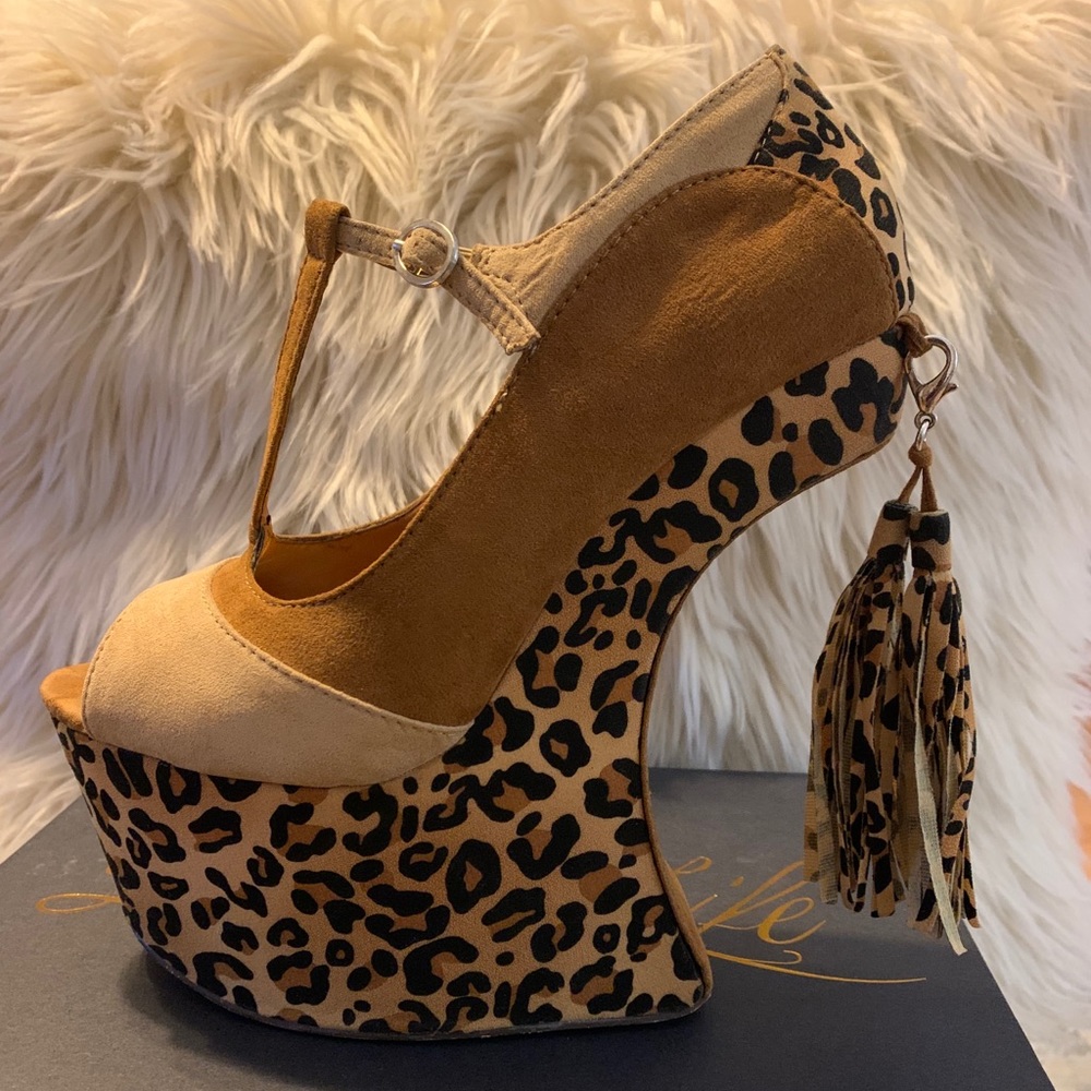 Suede multi colored leopard print wedges